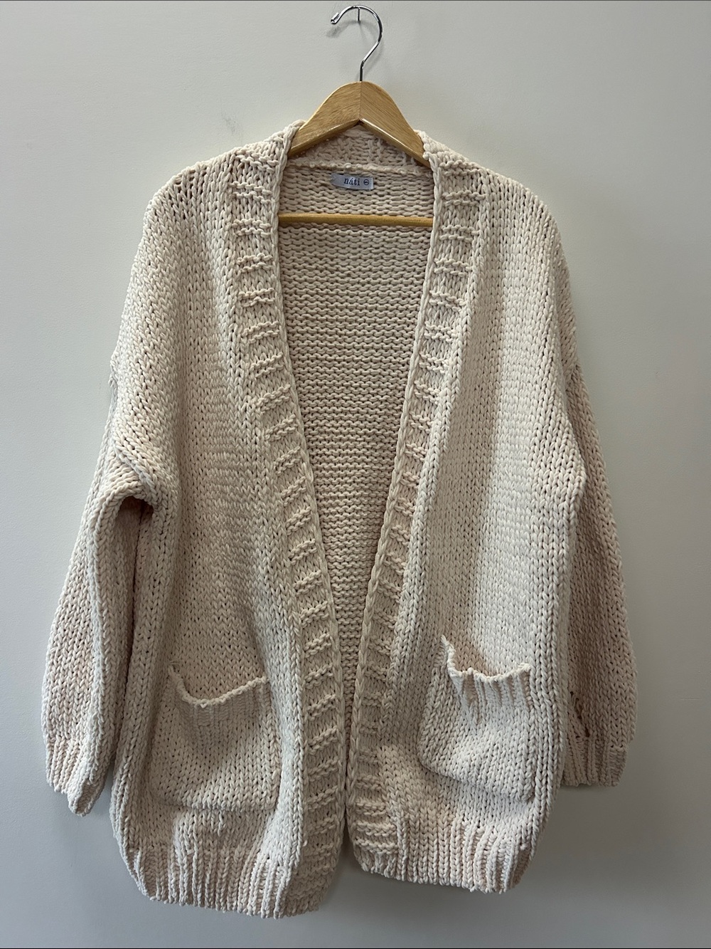 Hand-Knit Cream Open-Front Cardigan with Pockets - Unbranded